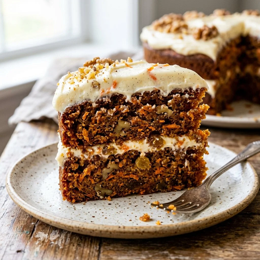 Deliciously moist homemade carrot cake topped with cream cheese frosting