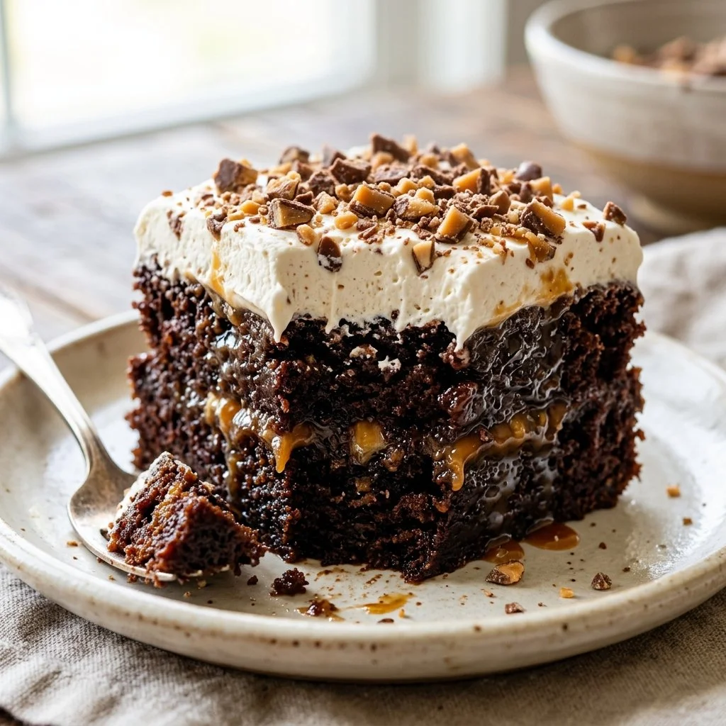 Delicious Better Than Sex Cake with layers of chocolate, caramel, and whipped cream