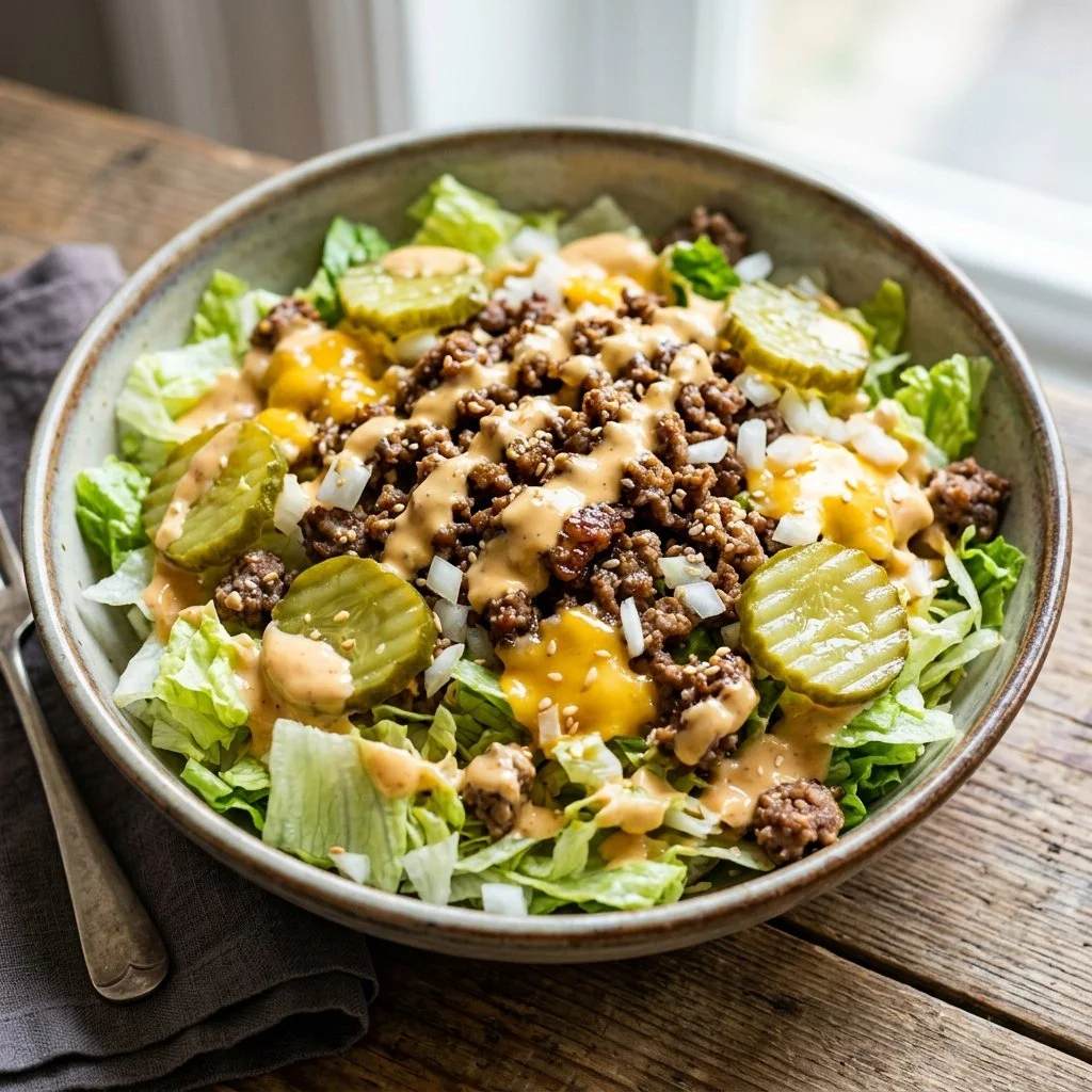 Big Mac Salad with toppings on a plate, showcasing a healthy burger-inspired meal.