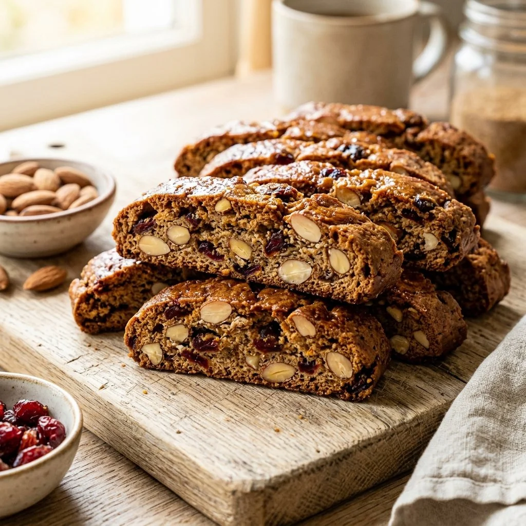 Delicious homemade biscotti cookies on a rustic wooden table