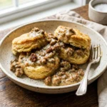 Plate of biscuits topped with homemade sausage gravy for breakfast.