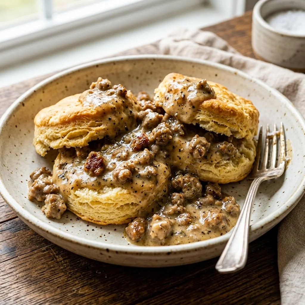 Plate of biscuits topped with homemade sausage gravy for breakfast.