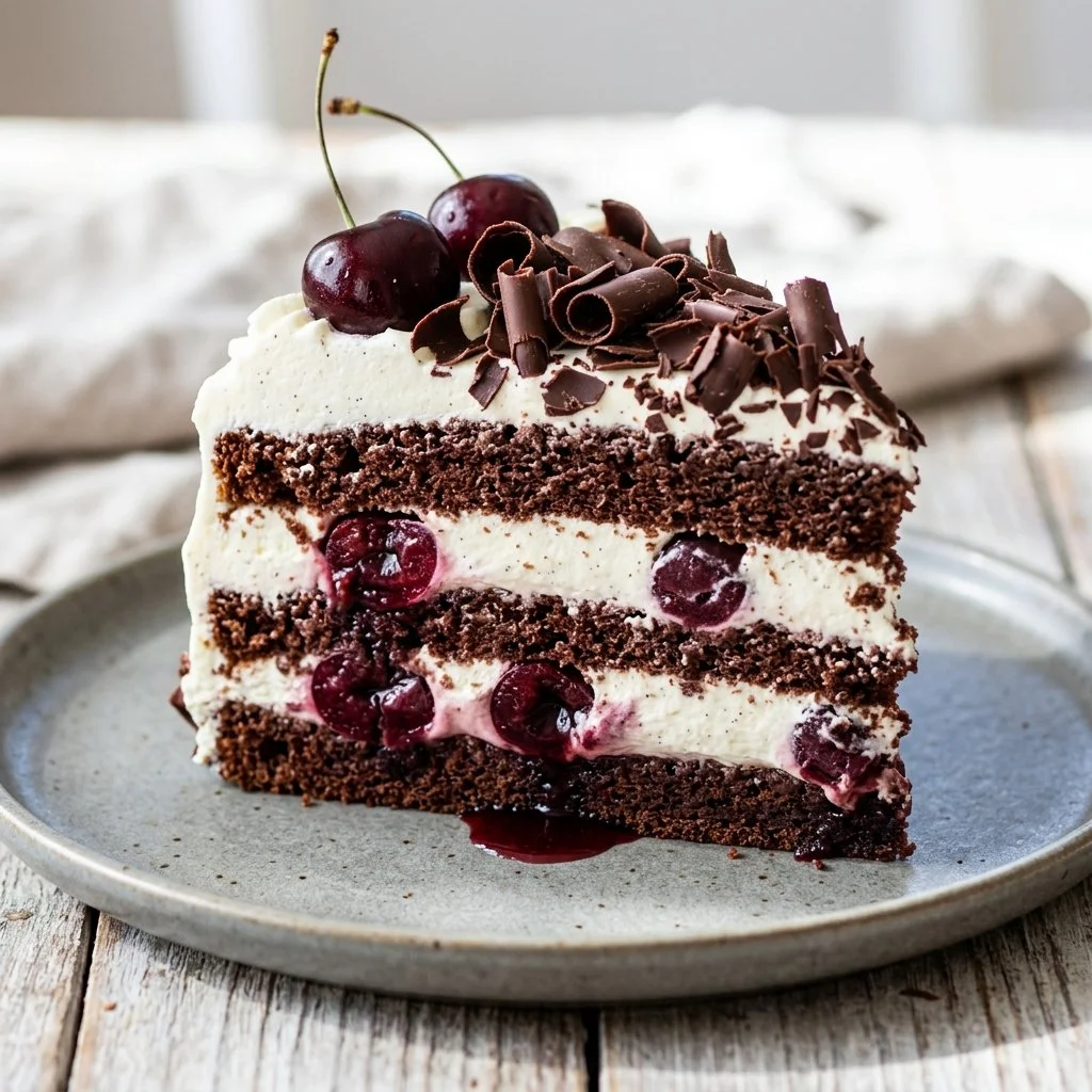 Deliciously layered Black Forest Cake with chocolate, cherries, and whipped cream.