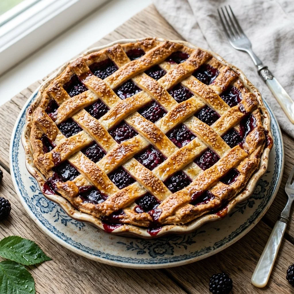 Delicious homemade blackberry pie with a flaky crust and fresh blackberries