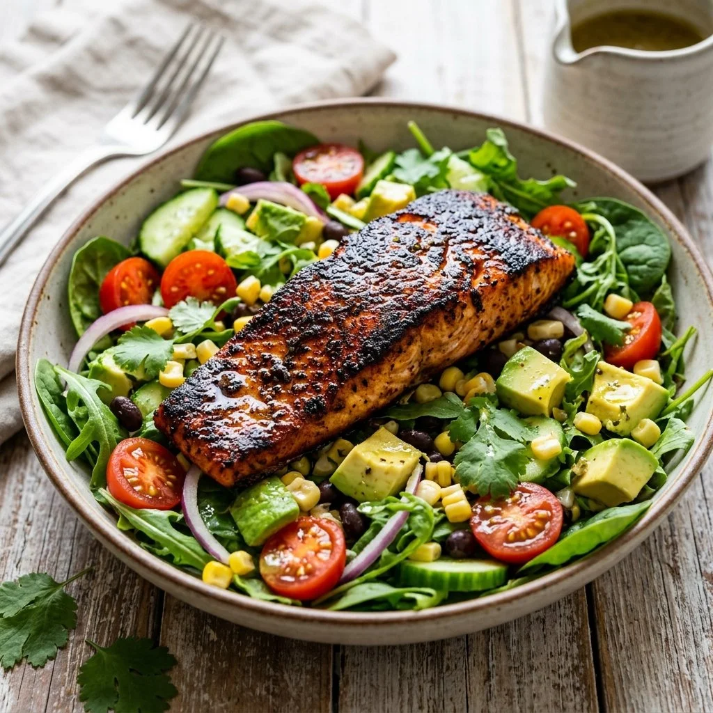 Delicious blackened salmon salad with fresh greens and vibrant toppings