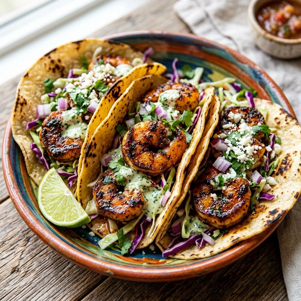 A plate of blackened shrimp tacos garnished with fresh ingredients and lime.