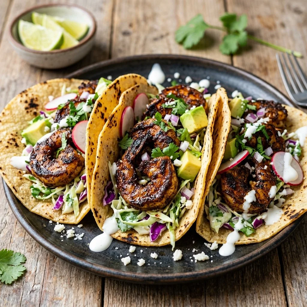 Plate of blackened shrimp tacos topped with fresh toppings and served on a table
