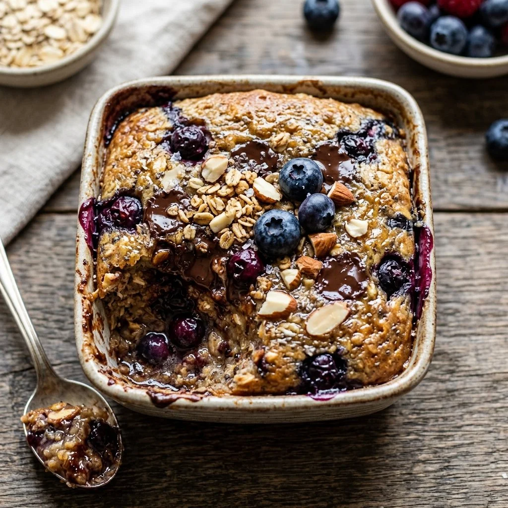 Bowl of blended baked oats topped with fruits and nuts for a healthy breakfast.
