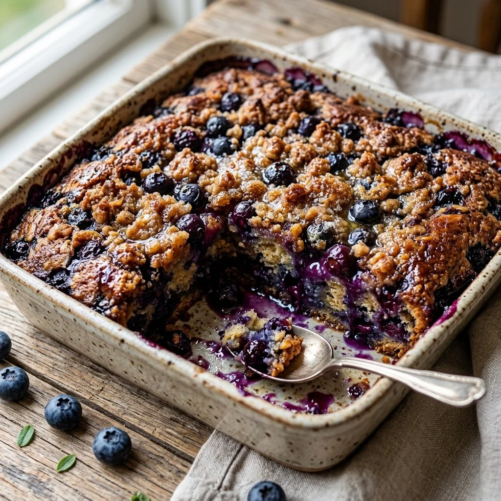 Delicious homemade Blueberry Buckle cake with blueberries and crumble topping.