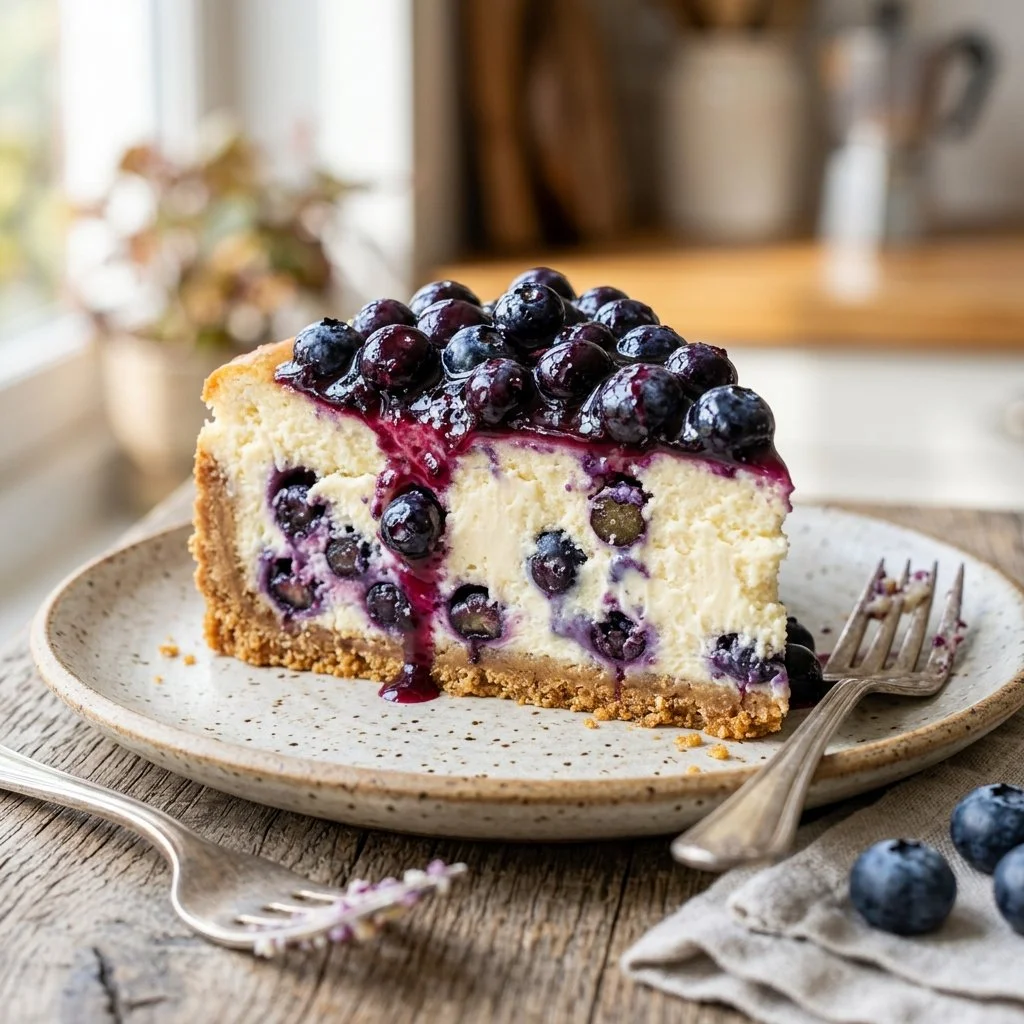 Delicious blueberry cheesecake topped with fresh blueberries and cream