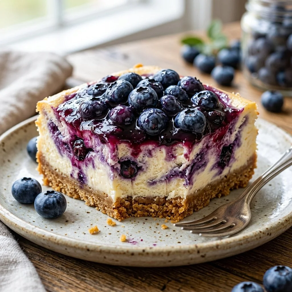 Homemade blueberry cheesecake bars topped with fresh blueberries and whipped cream