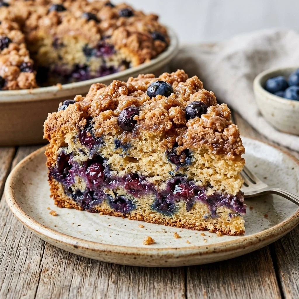 Delicious blueberry coffee cake with fresh blueberries on top