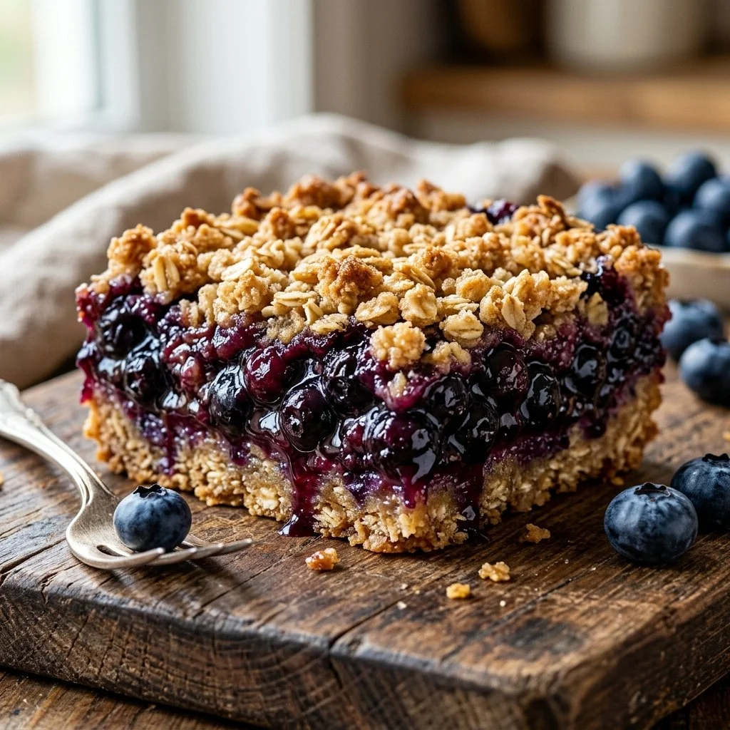 Delicious blueberry crumble bars topped with a crispy crumble layer