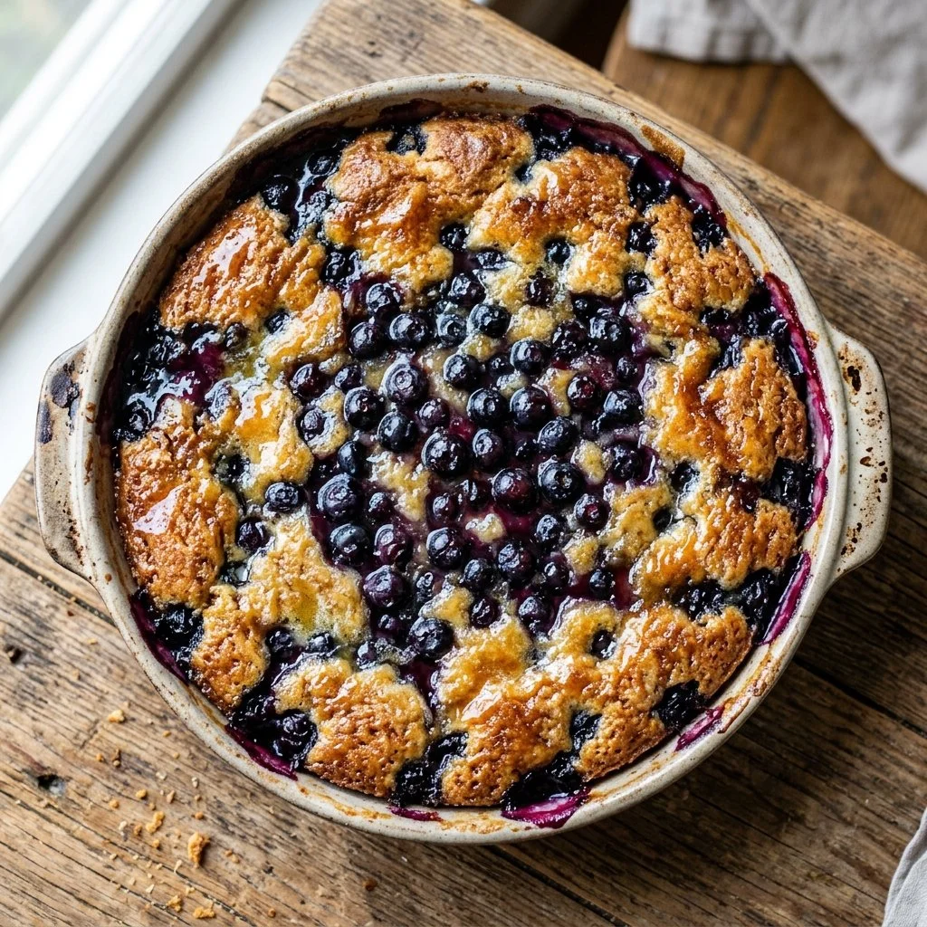 Delicious blueberry dump cake topped with fresh berries