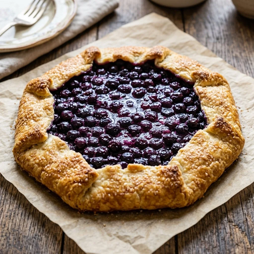 Freshly baked blueberry galette with a golden crust and juicy blueberries
