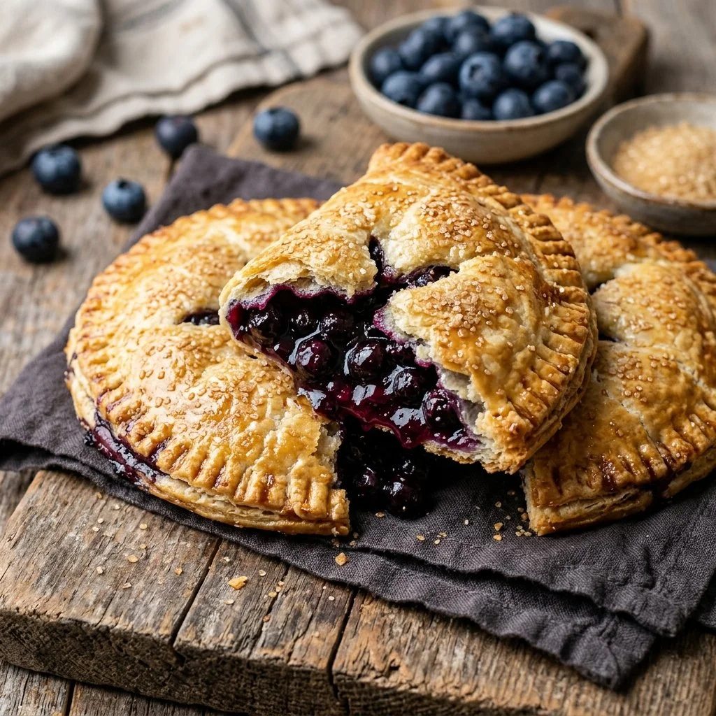 Freshly baked blueberry hand pies on a plate