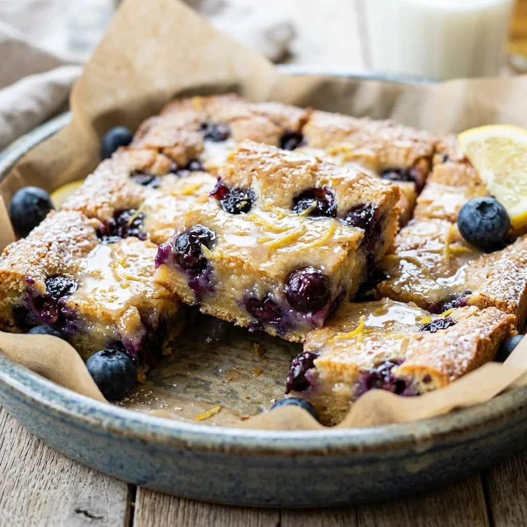 Blueberry lemon blondies freshly baked on a wooden table