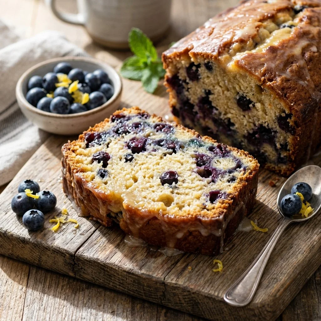 Loaf of freshly baked Blueberry Lemon Bread on a wooden table