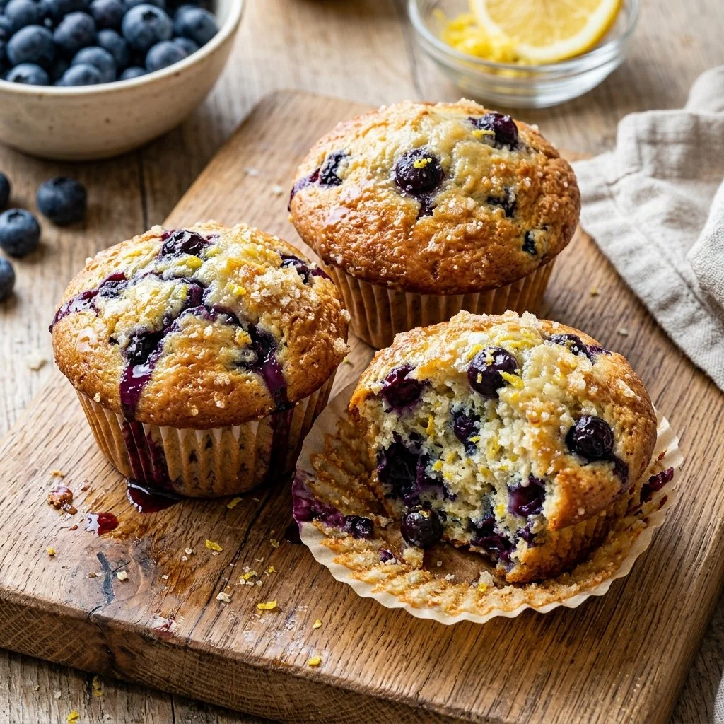 Freshly baked blueberry lemon muffins on a wooden table