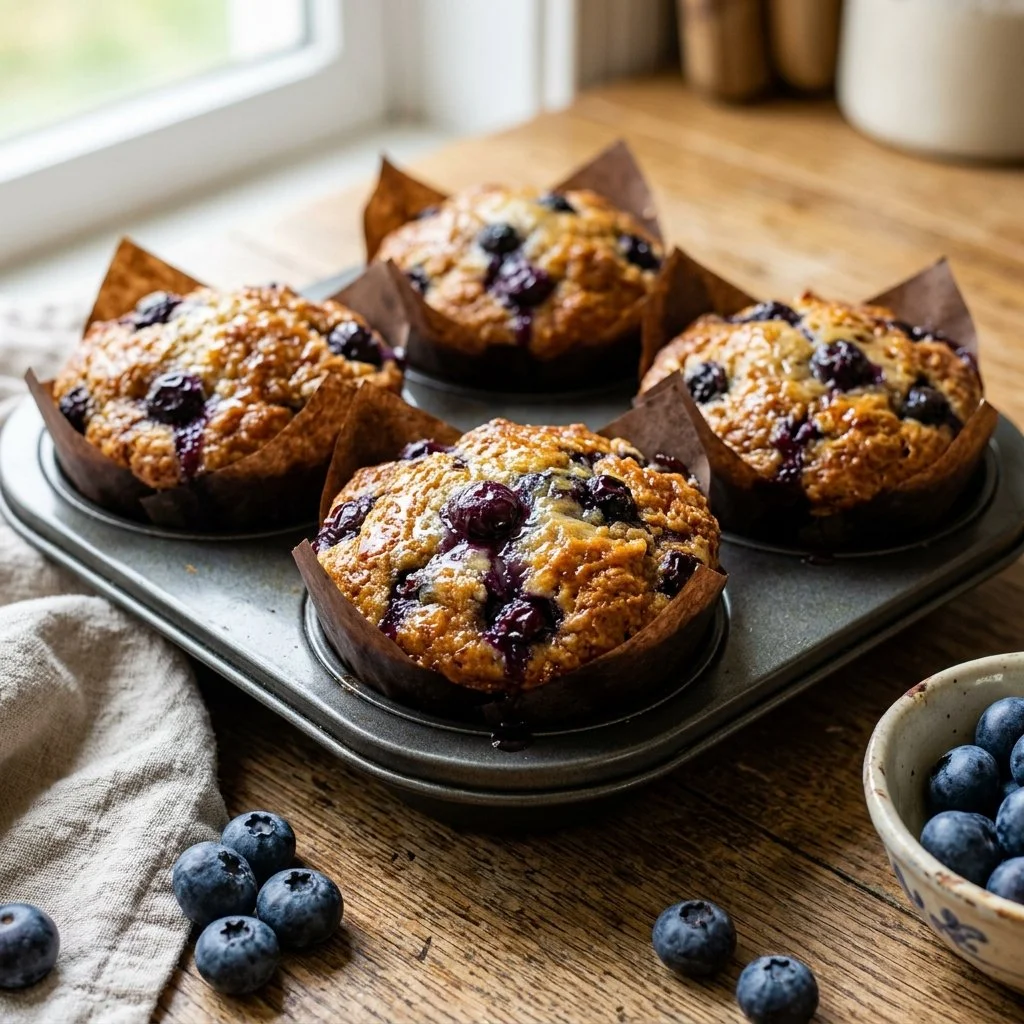 Freshly baked blueberry muffins on a cooling rack