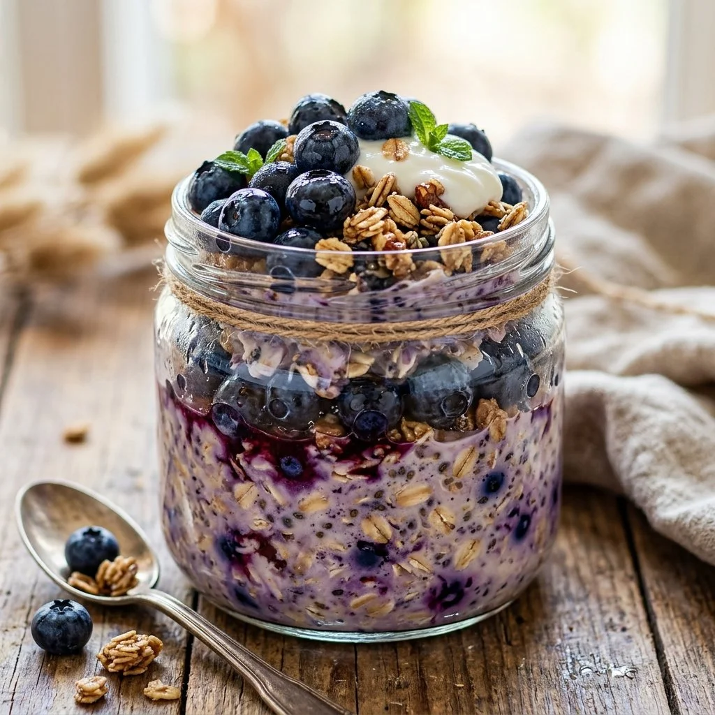 Delicious blueberry overnight oats in a jar topped with fresh blueberries