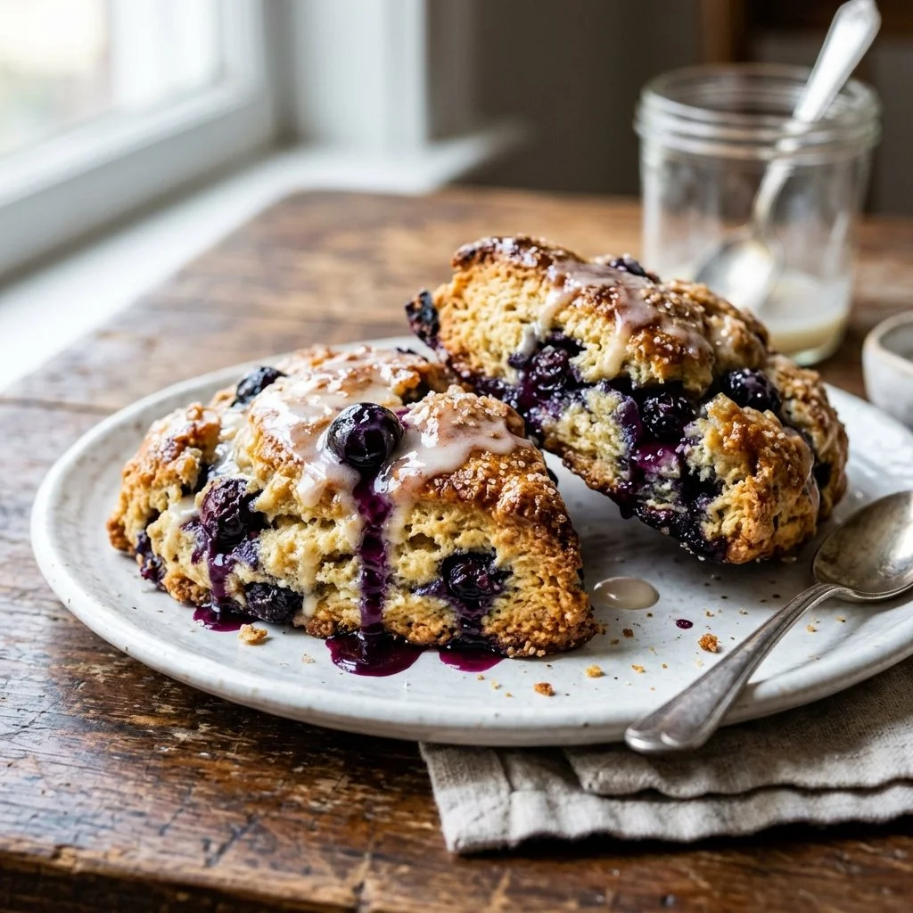 Freshly baked blueberry scones with a golden crust and juicy blueberries