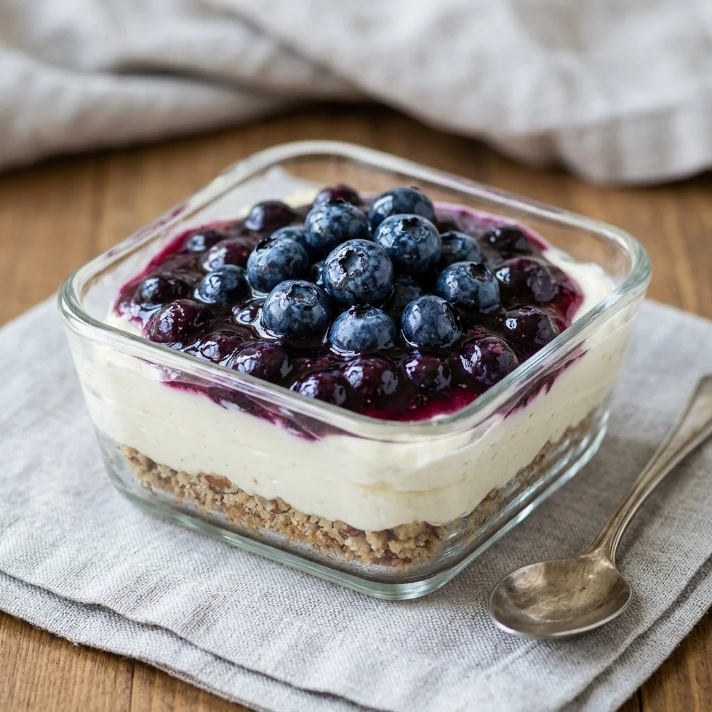 A delicious slice of Blueberry Yum Yum dessert topped with fresh blueberries.