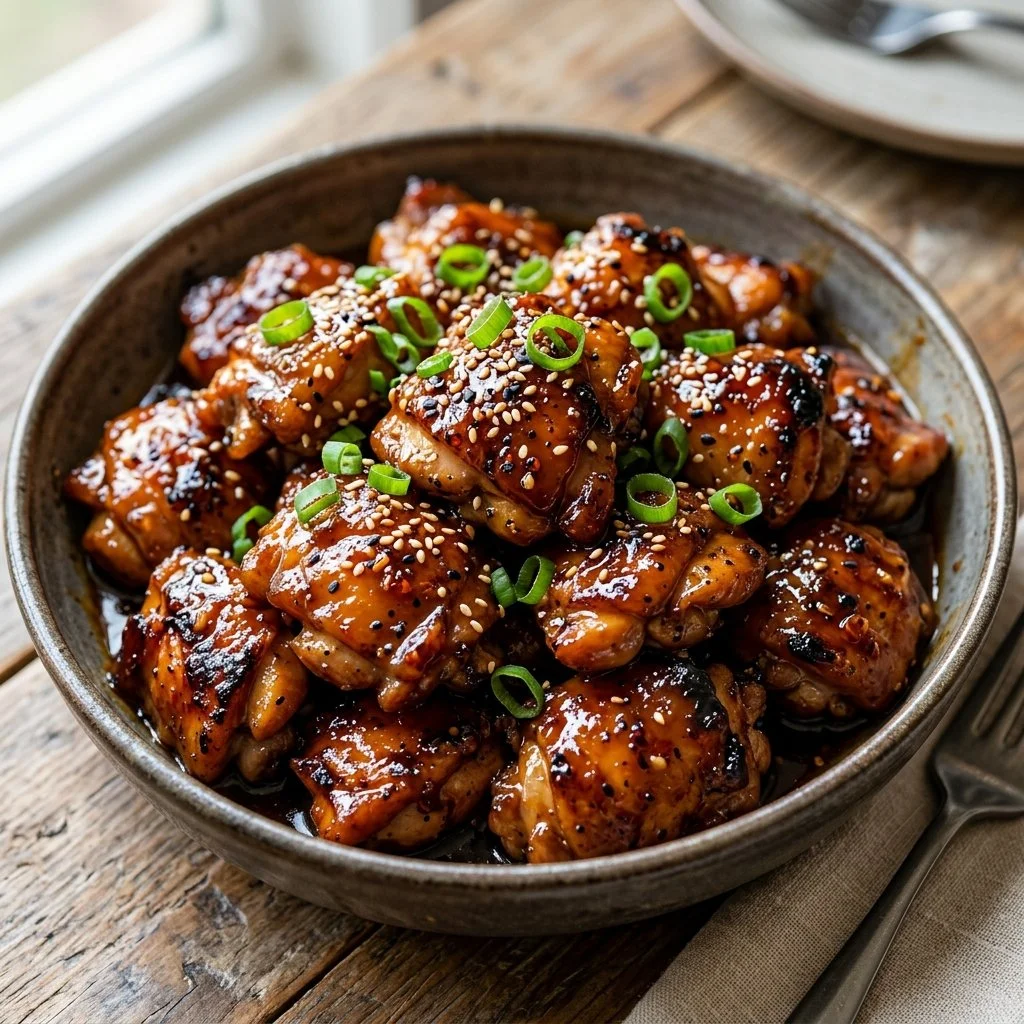 Delicious Bourbon Chicken dish garnished with green onions