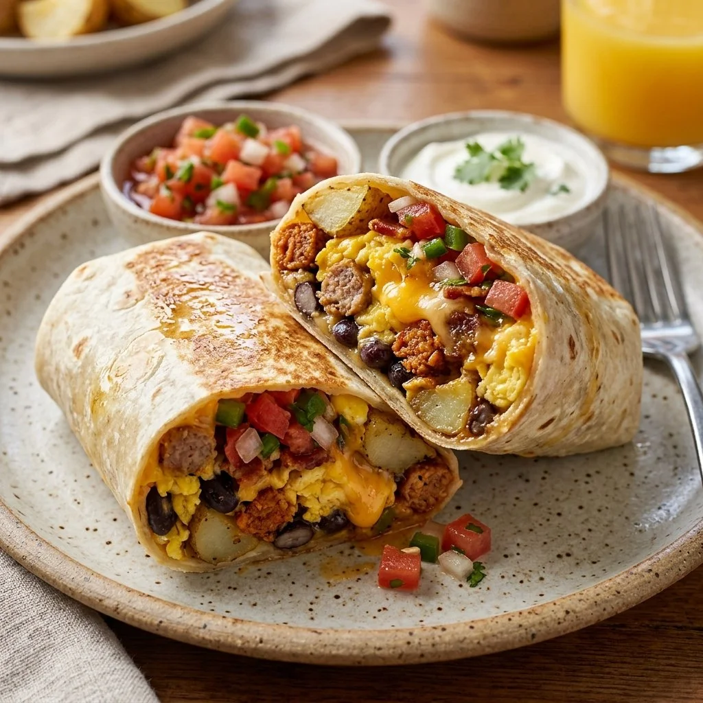 Delicious breakfast burrito with eggs, cheese, and vegetables on a plate