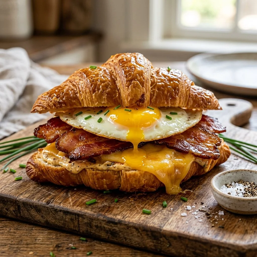 Delicious breakfast croissant sandwich with fresh ingredients