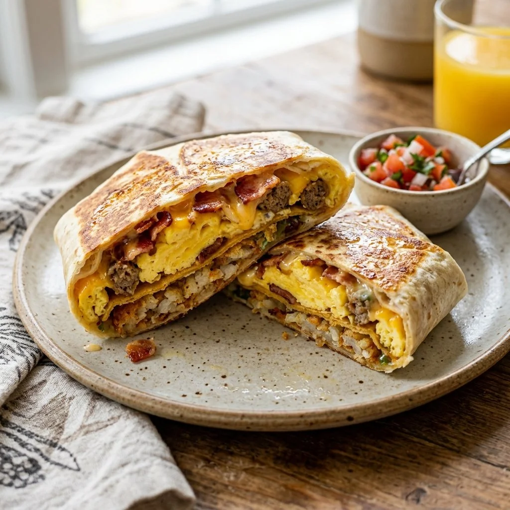 Delicious homemade Breakfast Crunchwrap served on a plate.