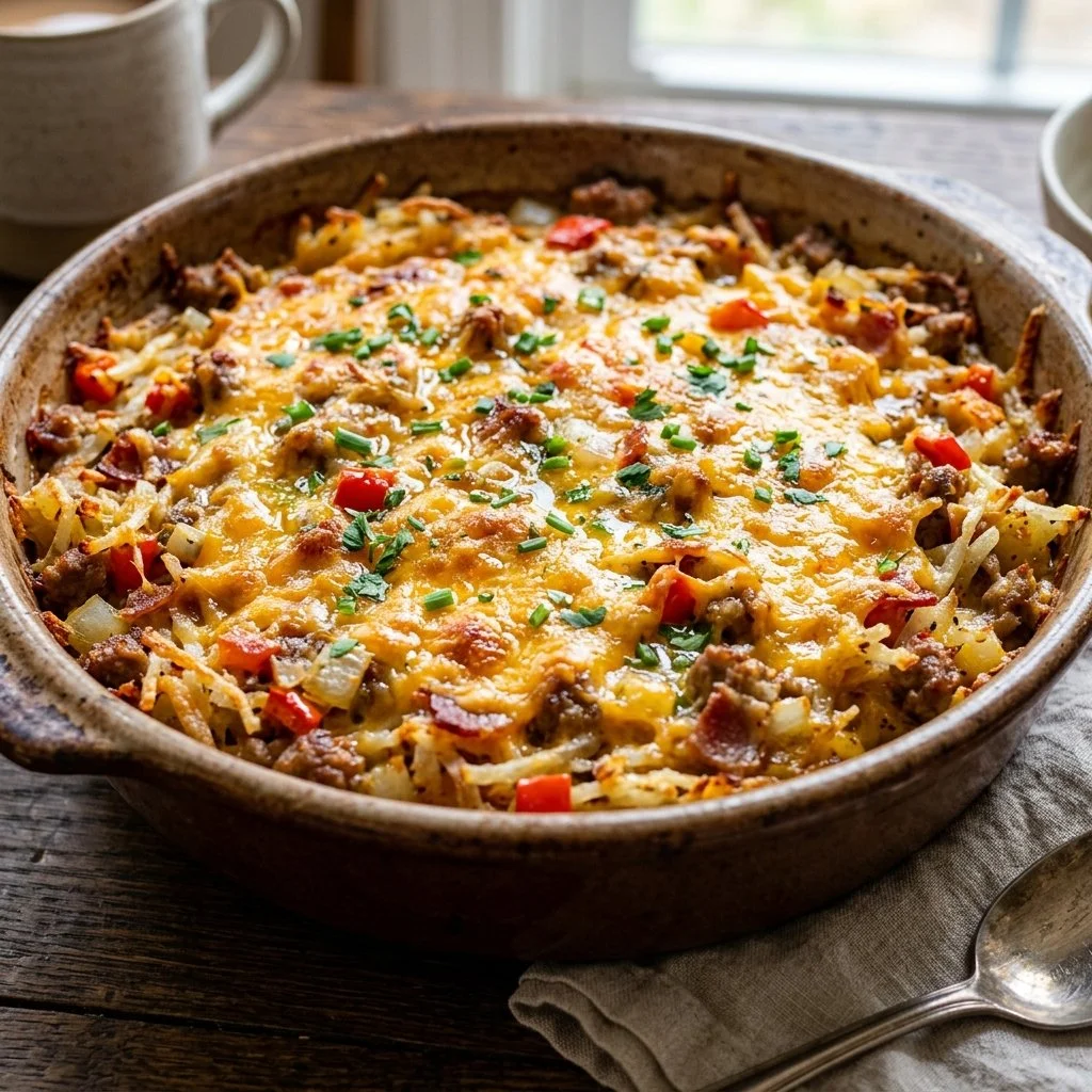 Delicious breakfast potato casserole topped with cheese and herbs