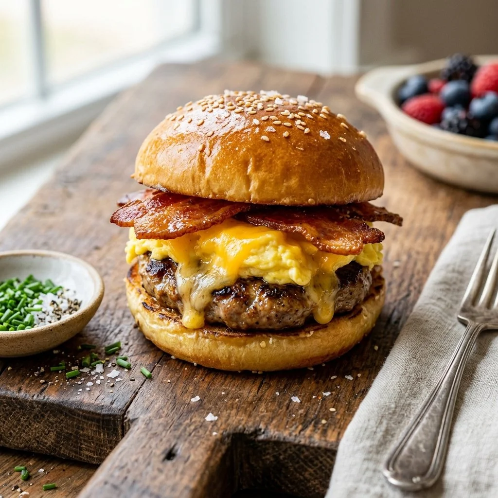 A plate of delicious breakfast sliders with eggs, cheese, and bacon