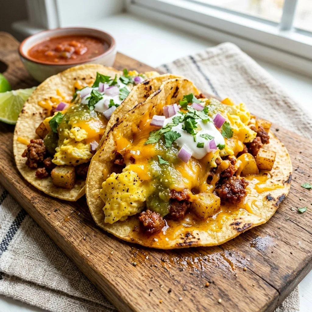 Delicious breakfast tacos filled with eggs, cheese, and salsa.