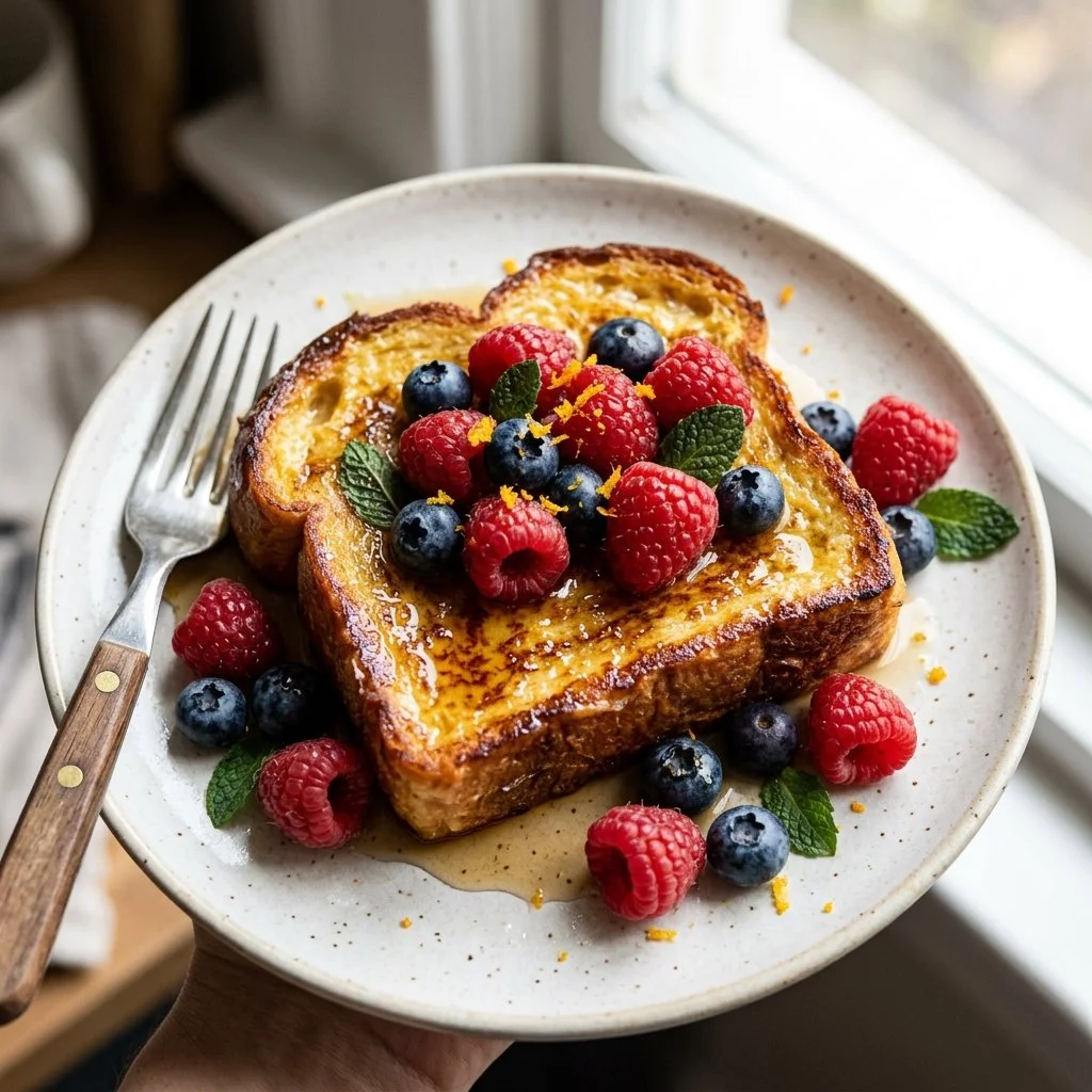 Delicious Brioche French Toast with syrup and berries on a plate.