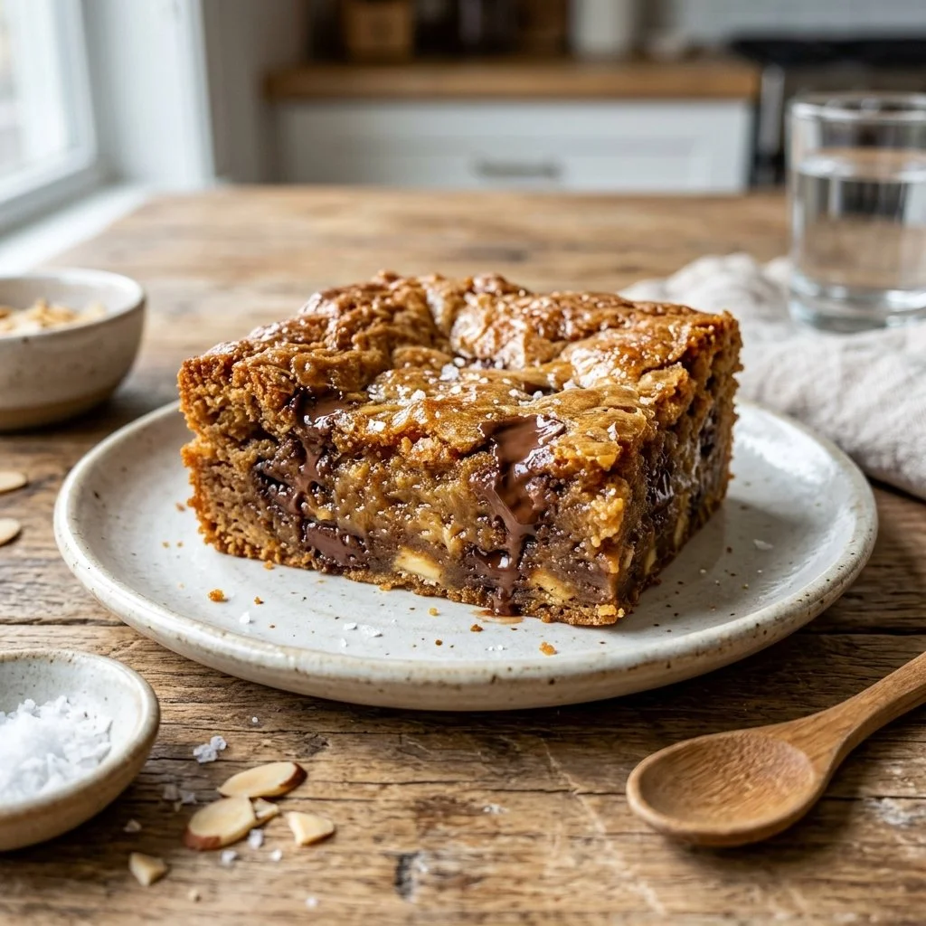 Delicious homemade brown butter blondies on a white plate with chocolate chips.