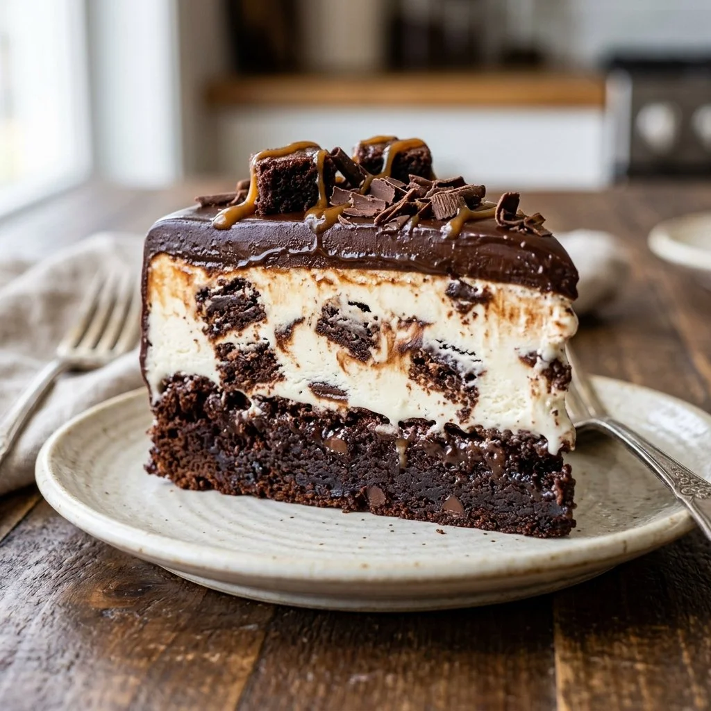 Delicious Brownie Ice Cream Cake topped with chocolate and ice cream
