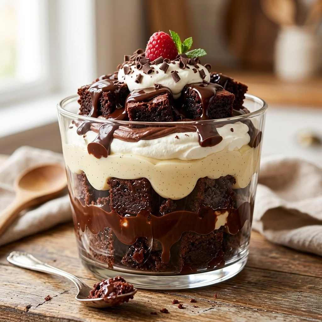 Decadent Brownie Trifle with layers of brownies and creamy mousse