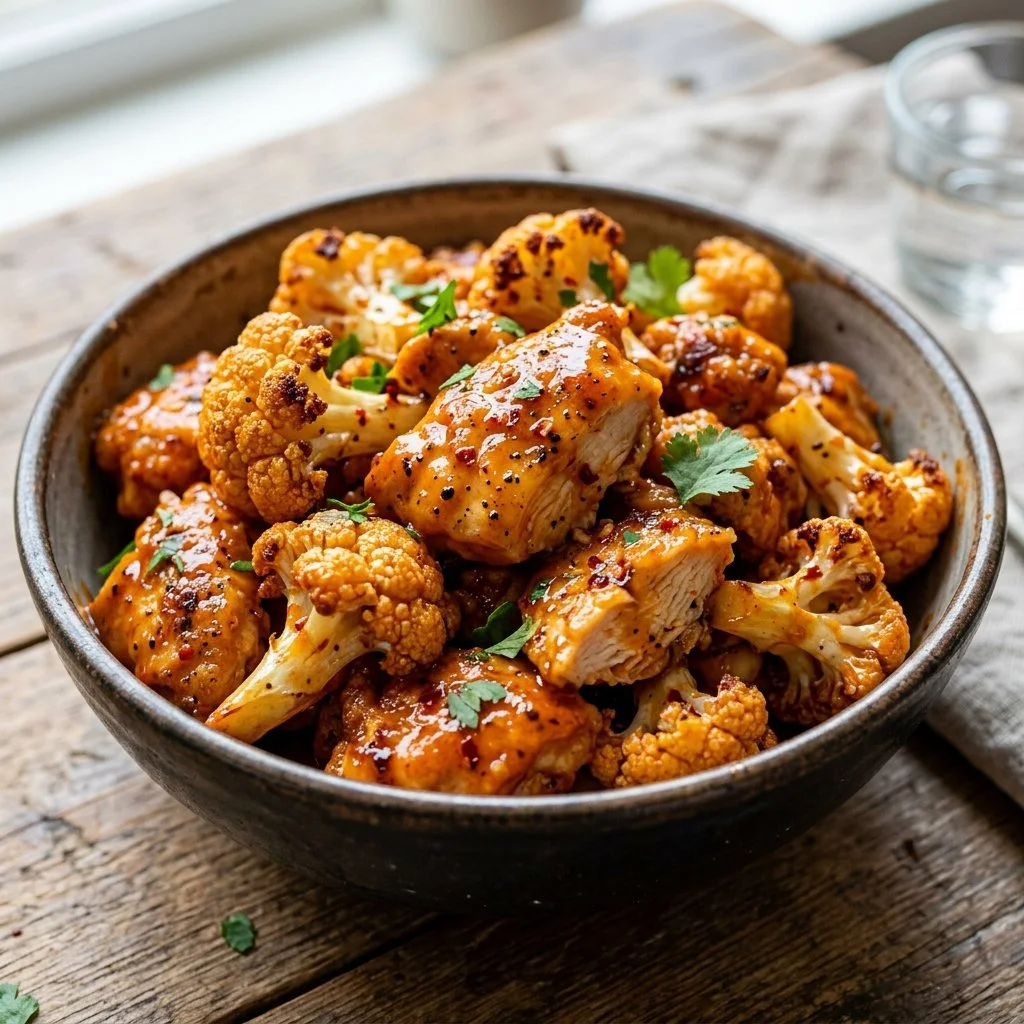 Delicious serving of Buffalo Cauliflower Chicken garnished with green onions.