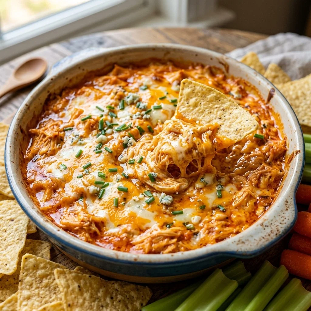 Delicious Buffalo Chicken Dip served in a bowl with tortilla chips