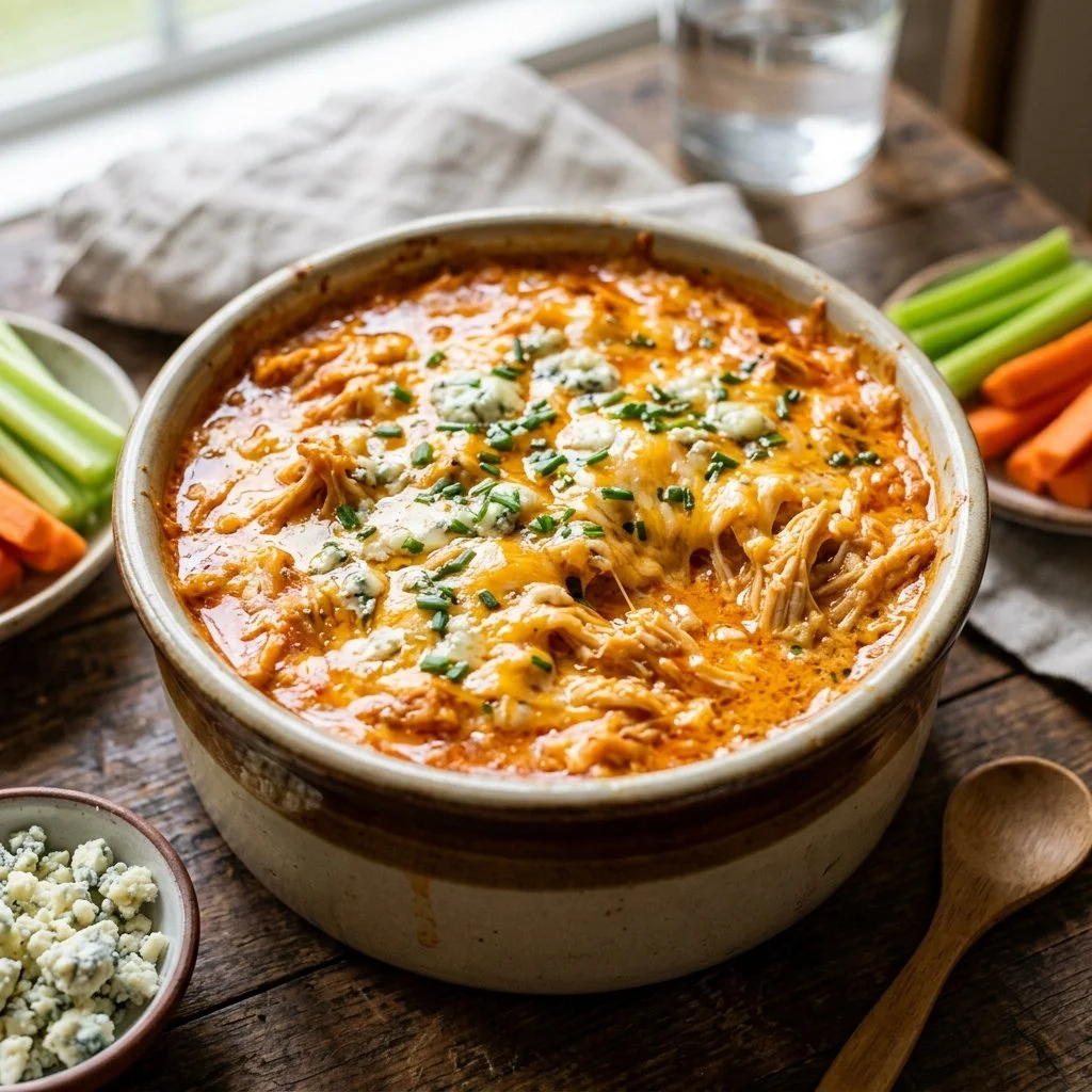 Delicious Buffalo Chicken Dip served with tortilla chips