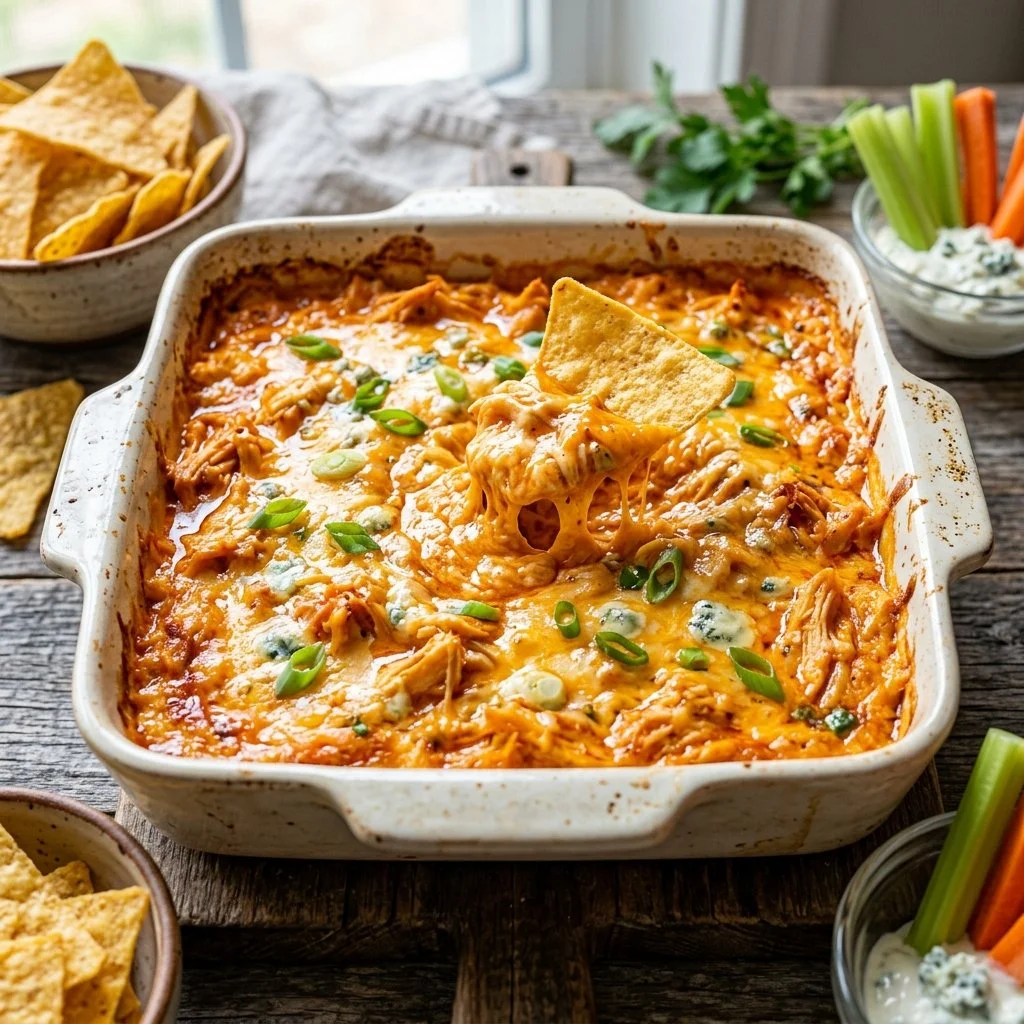 Delicious Buffalo Chicken Dip served in a bowl with tortilla chips.