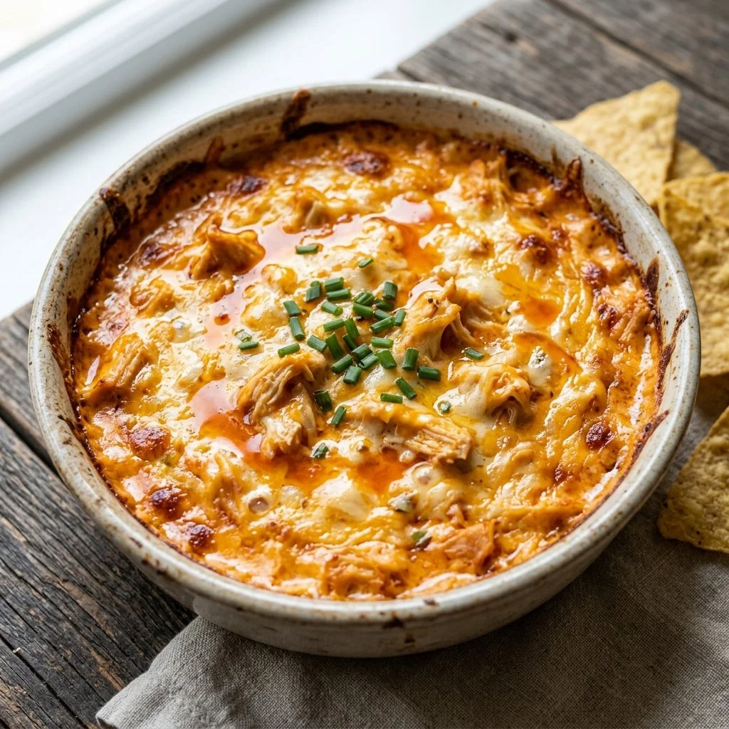 Creamy and spicy Buffalo Chicken Dip served in a bowl with tortilla chips