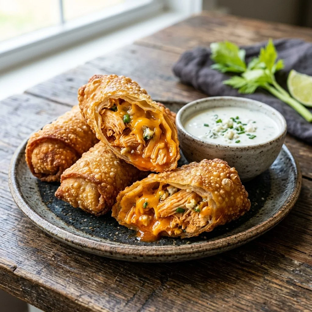 Buffalo Chicken Egg Rolls served on a plate with dipping sauce