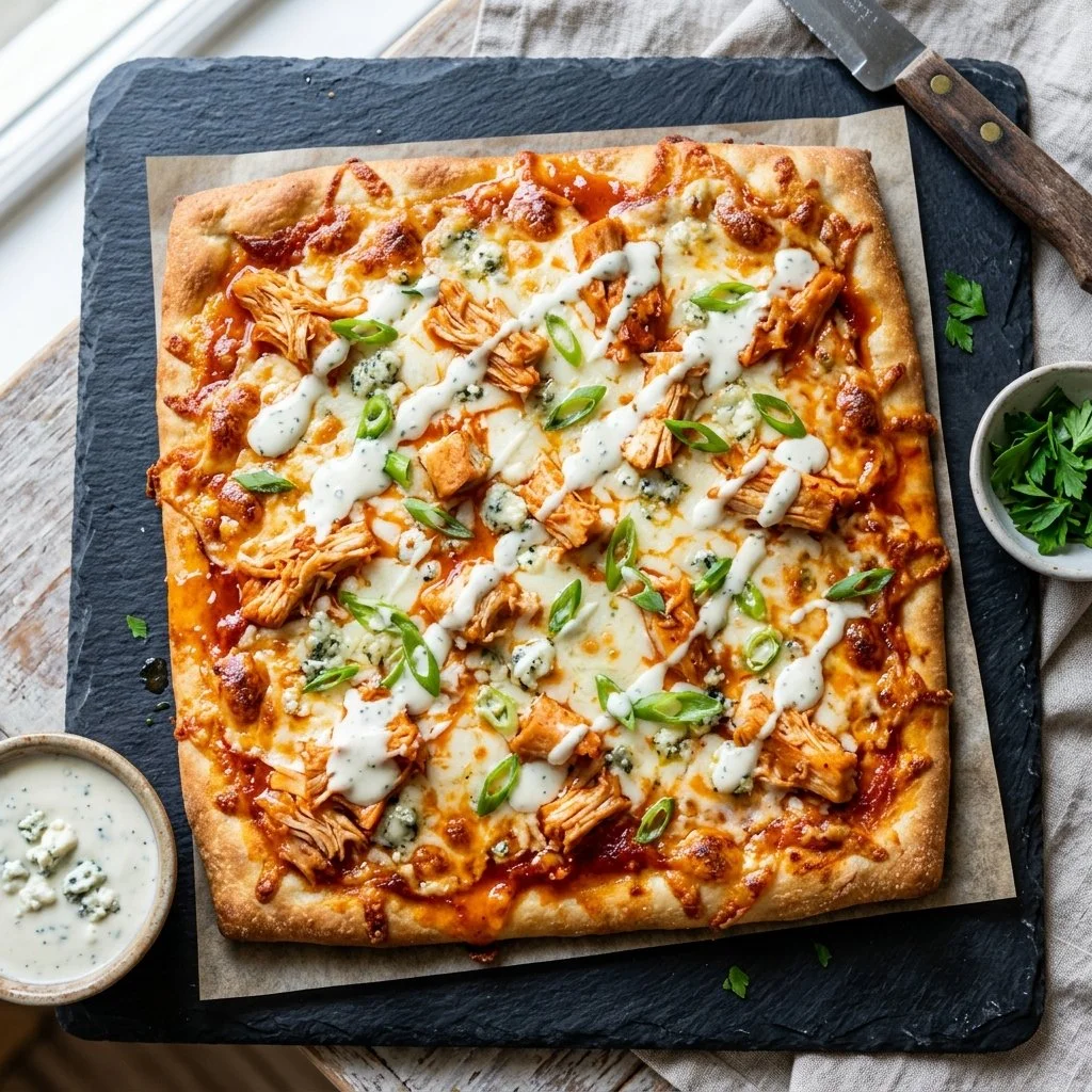 Buffalo Chicken Flatbread topped with spicy sauce and fresh ingredients.