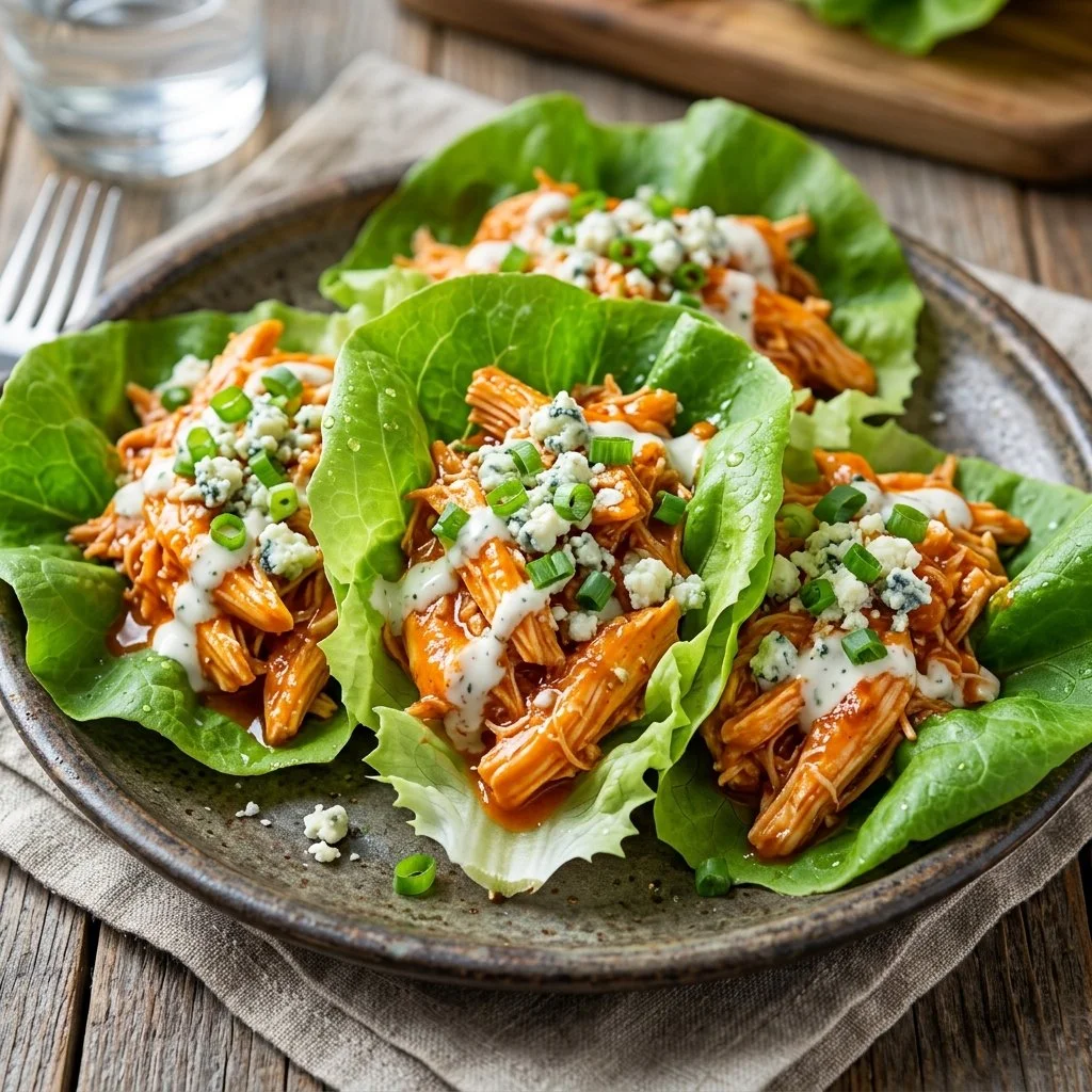 Buffalo Chicken Lettuce Wraps served on a plate with dipping sauce