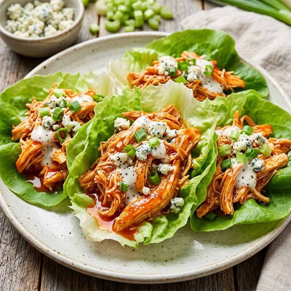 Buffalo Chicken Lettuce Wraps with fresh ingredients and spicy sauce