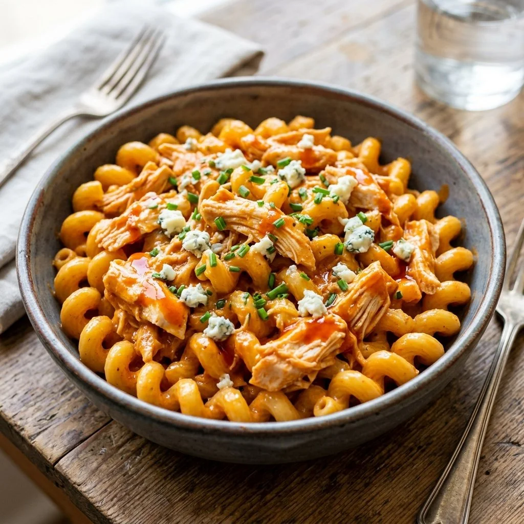 Delicious bowl of Buffalo Chicken Pasta with creamy sauce and spicy chicken.