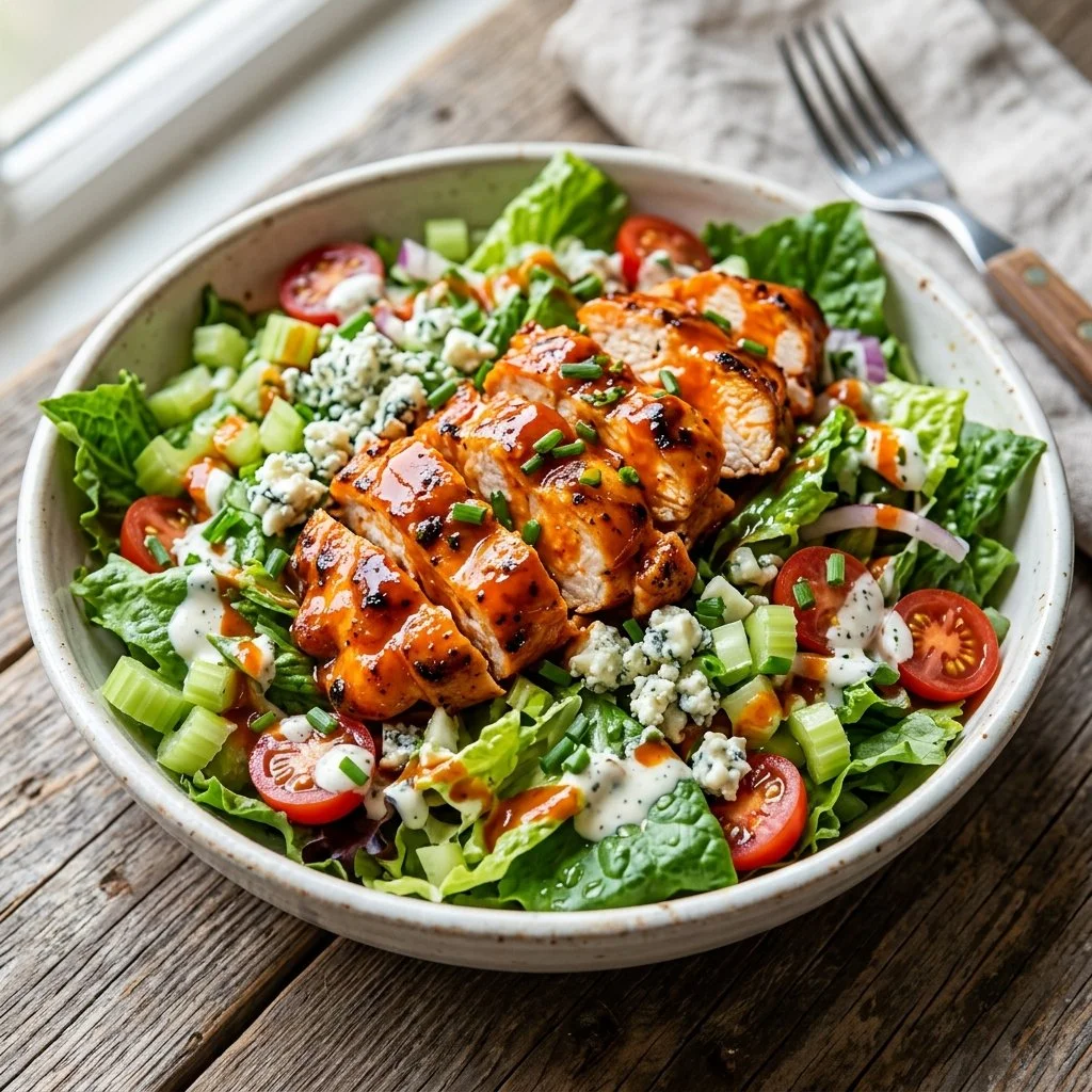 Buffalo Chicken Salad with spicy chicken, greens, and dressing