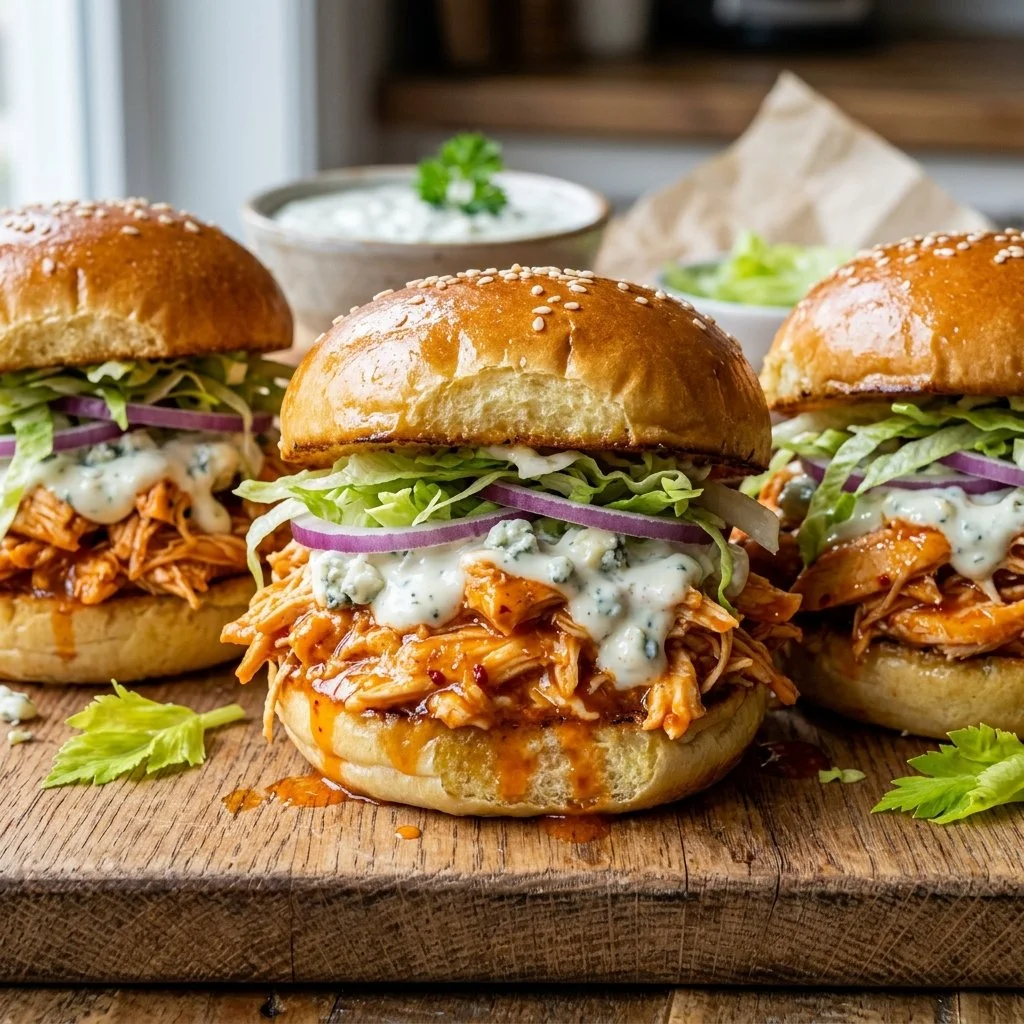 Plate of buffalo chicken sliders with toppings on a wooden table
